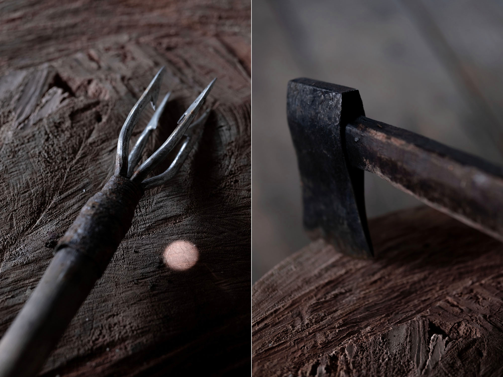 The serampang spear used to catch fish (left) and the axe used to fell mangrove trees (right). The Orang Laut in Tanjung Gundap do not have many choices. They understand the government's ban on mangrove logging, but as fish stocks decline, it is becoming harder to find other sources of income.