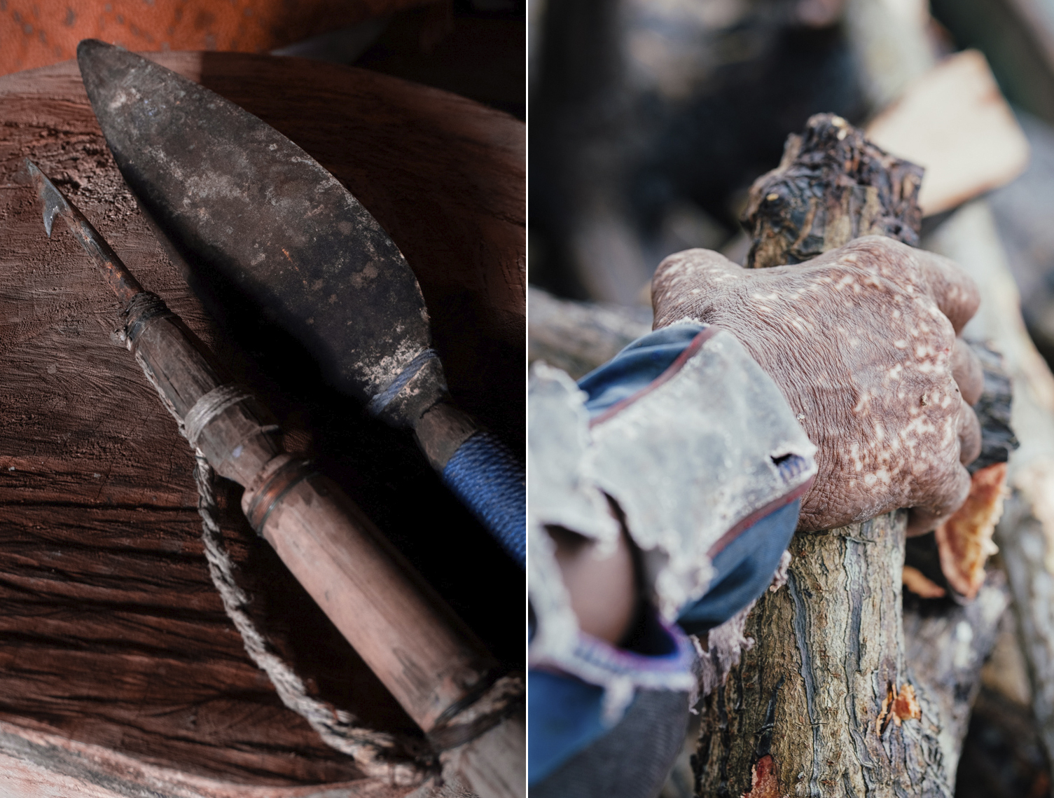 Left: A serampang spear for catching fish and other marine life, including turtles and rays. | Right: An Orang Laut man holds a mangrove root.