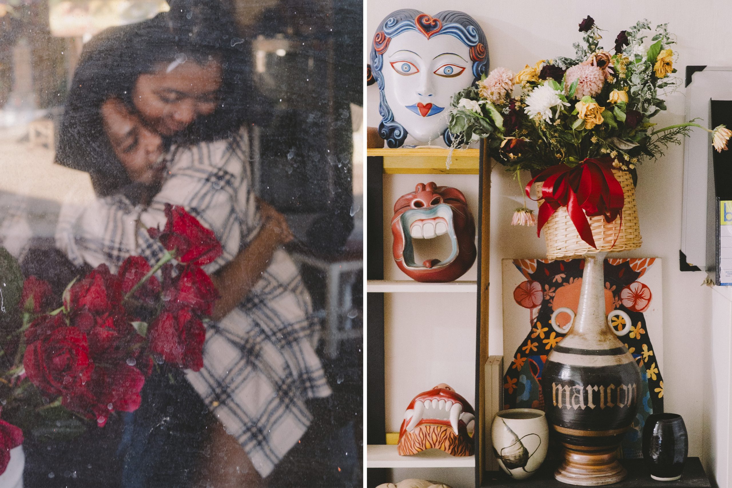 Left: Vica and Ratri in their small flower shop. | Right: A vase with “Maricón” written on it. The Spanish word has long been used as a slur, but in some contexts, especially within LGBTIQ+ communities in Spanish-speaking countries, it has been reclaimed and is used more neutrally, sometimes even affectionately among friends.