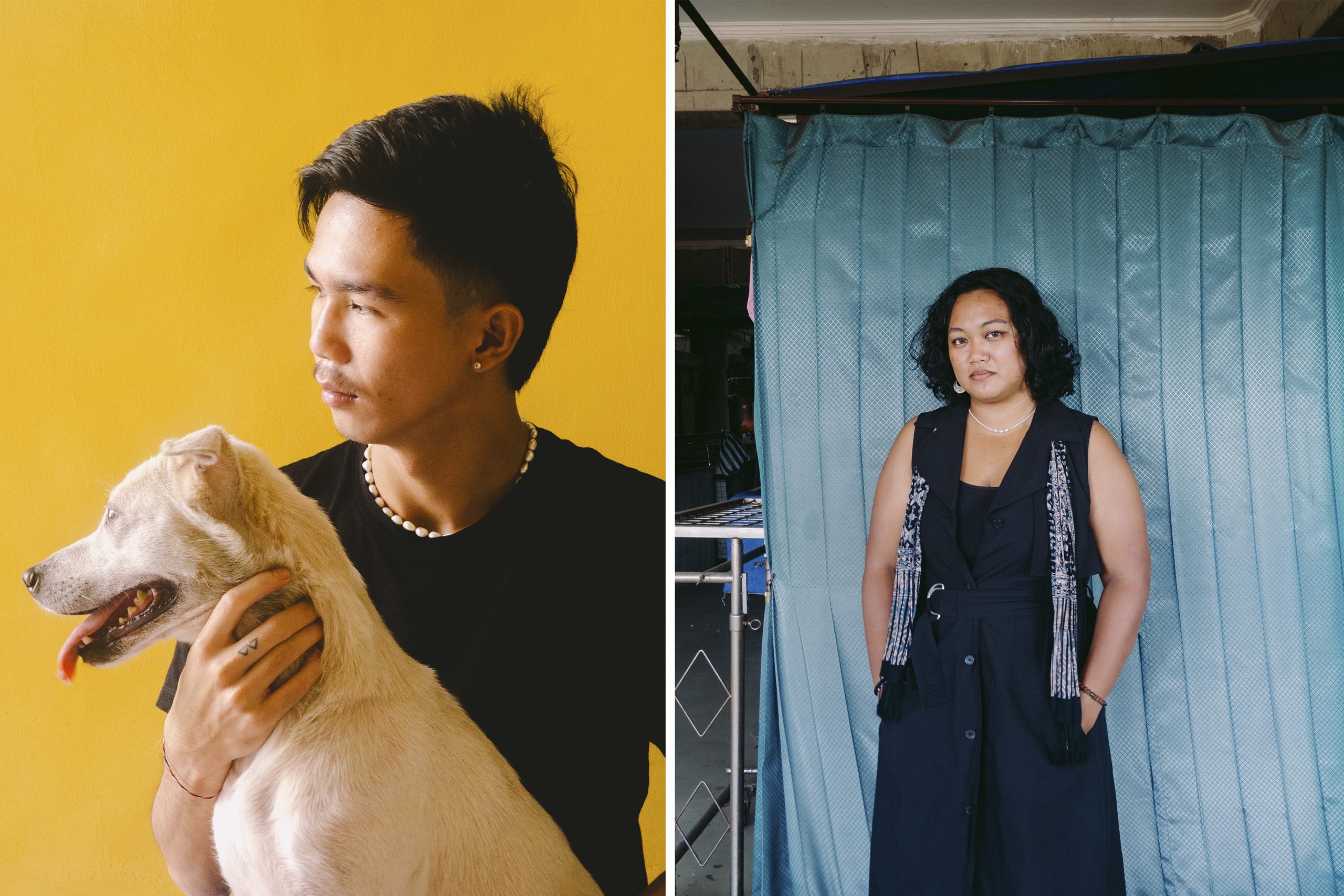 Left: Bryan with his dog, Ciel. Bryan moved to Bali on August 31, 2020. “In an embrace, trust grows slowly, and love needs no words.” | Right: Lidya stands in front of a stall at Badung Market in Denpasar. For her, the market reveals a different Bali, not about beaches or tourism, but about the rhythms of everyday life.
