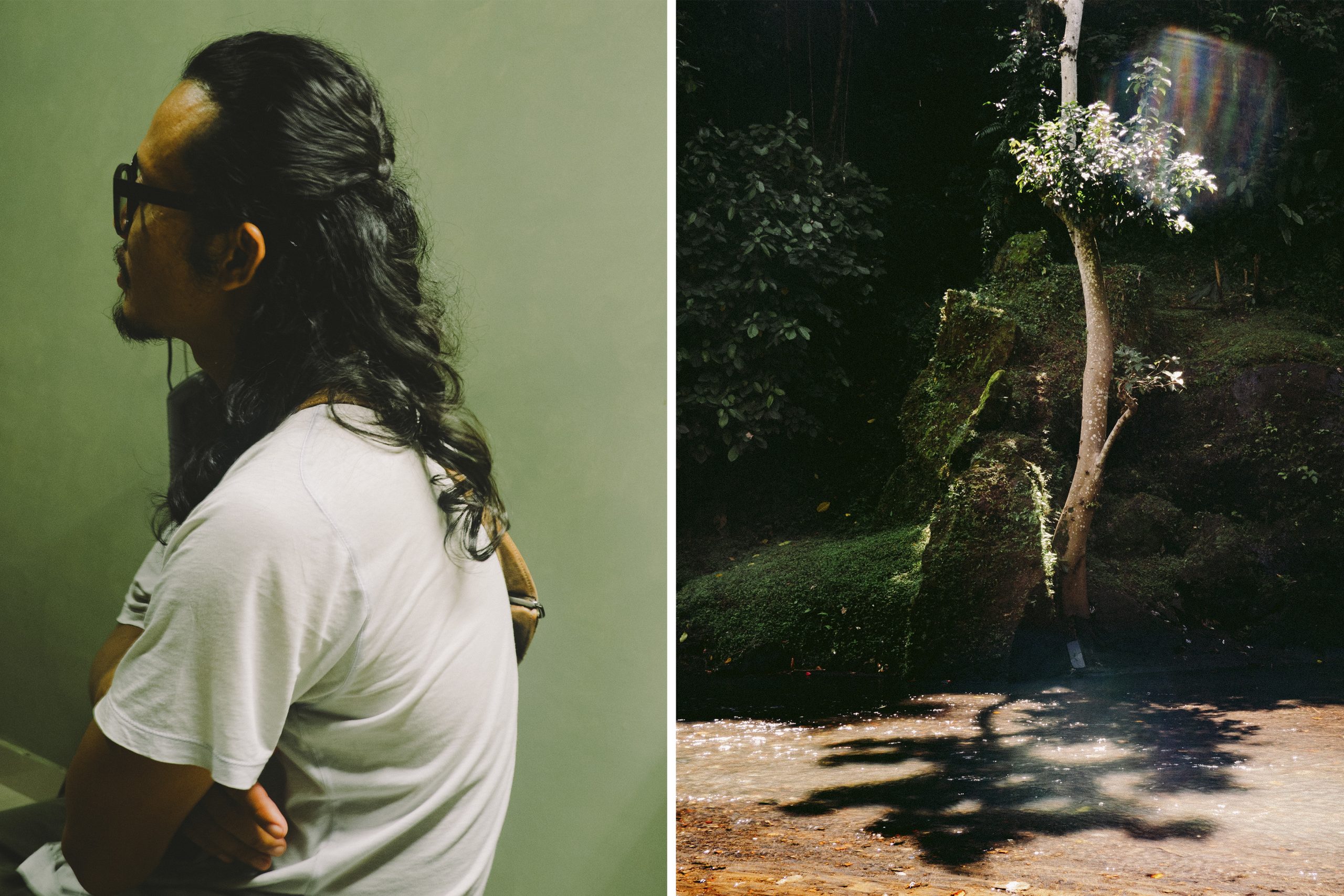 Left: For Abdul, who is active in local community work, Bali has offered room to grow, along with a sense of safety and acceptance. Here, he has found a home and a family. “So far, Bali has given me all of that, and for it I’m deeply grateful.” | Right: A prism of rainbow light falls across a tree rooted in stone near a small waterfall. For some in the community, Bali’s landscapes offer more than beauty. They can also feel like space to grow and to be fully oneself.