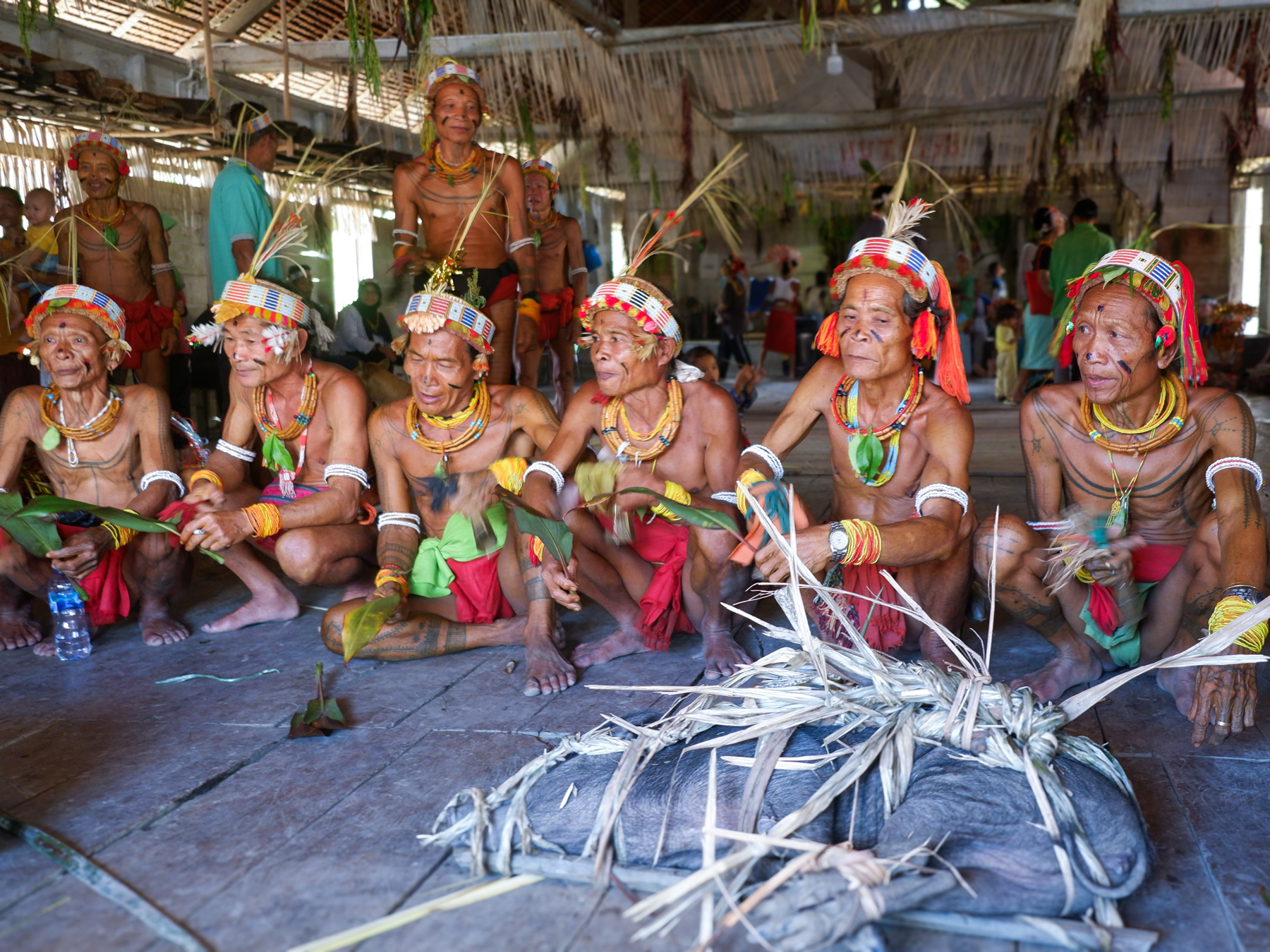 Sikerei (shamans) gather at a punen (traditional Lia Eeruk festival) in Matotonan. The village holds the festival to celebrate its anniversary. Twelve major clans from Matotonan participate, with 20 sikerei leading traditional rituals and healing ceremonies.