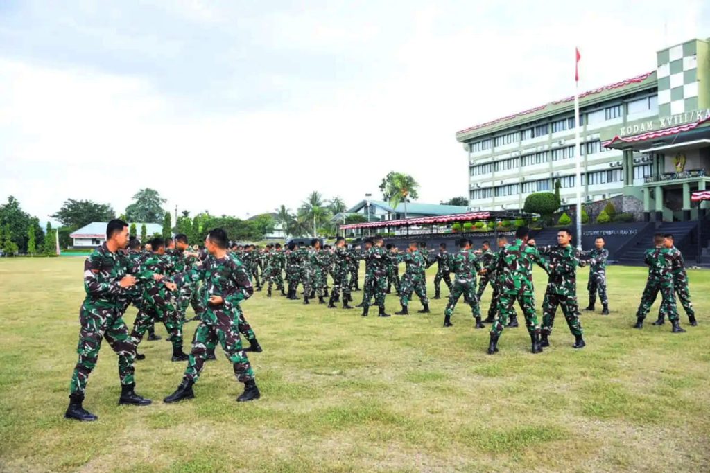 Kodam XVIII/Kasuari soldiers practice martial arts at the Kodam headquarters field in Manokwari, West Papua, on Oct. 10, 2024.