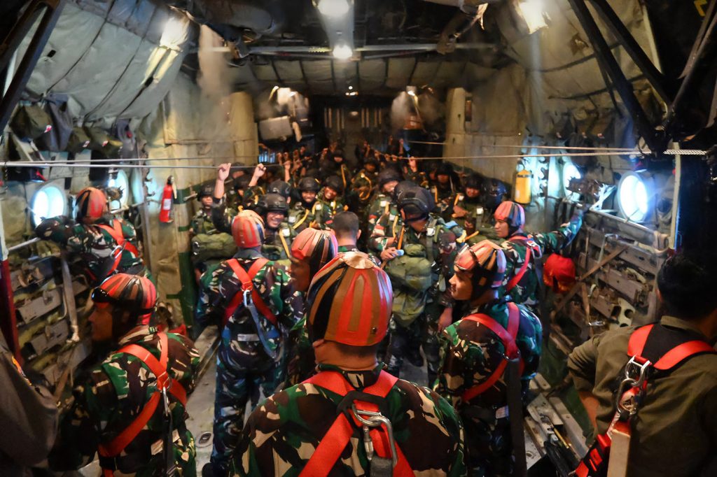 The Commando Battalion 468/Sarotama of the Indonesian Air Force’s Rapid Action Forces Corps (Kopasgat) conducts a refresher parachute jump exercise, with the drop zone on the runway of Frans Kaisiepo Airport in Biak Numfor, Papua, on Jan. 22, 2025.