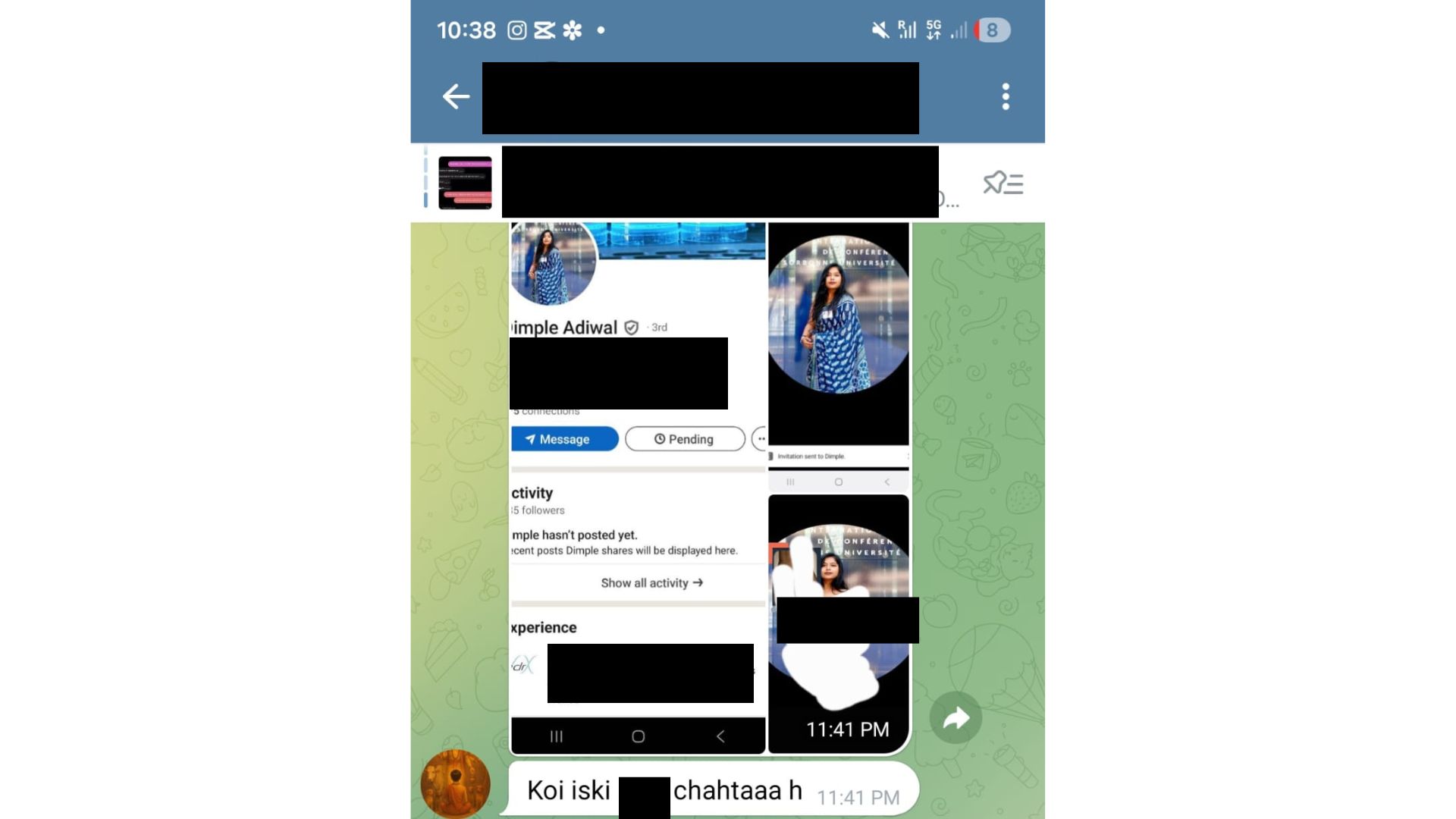 Screenshot of the Telegram group on which Dimple Adiwal’s images were circulated. We have refrained from adding the screenshots of the abusive emails due to the explicit nature of the content.