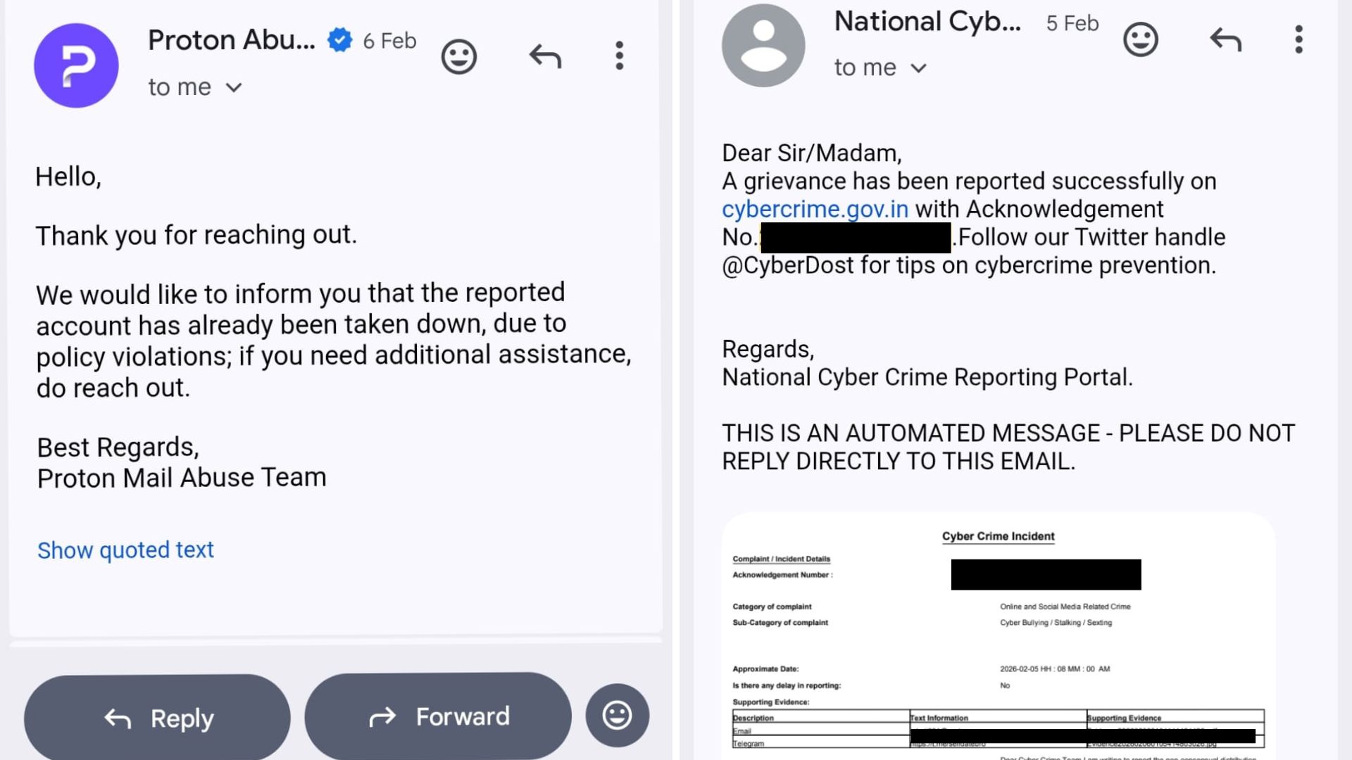 Screenshots of the complaints sent to NCCRP and Proton Mail.