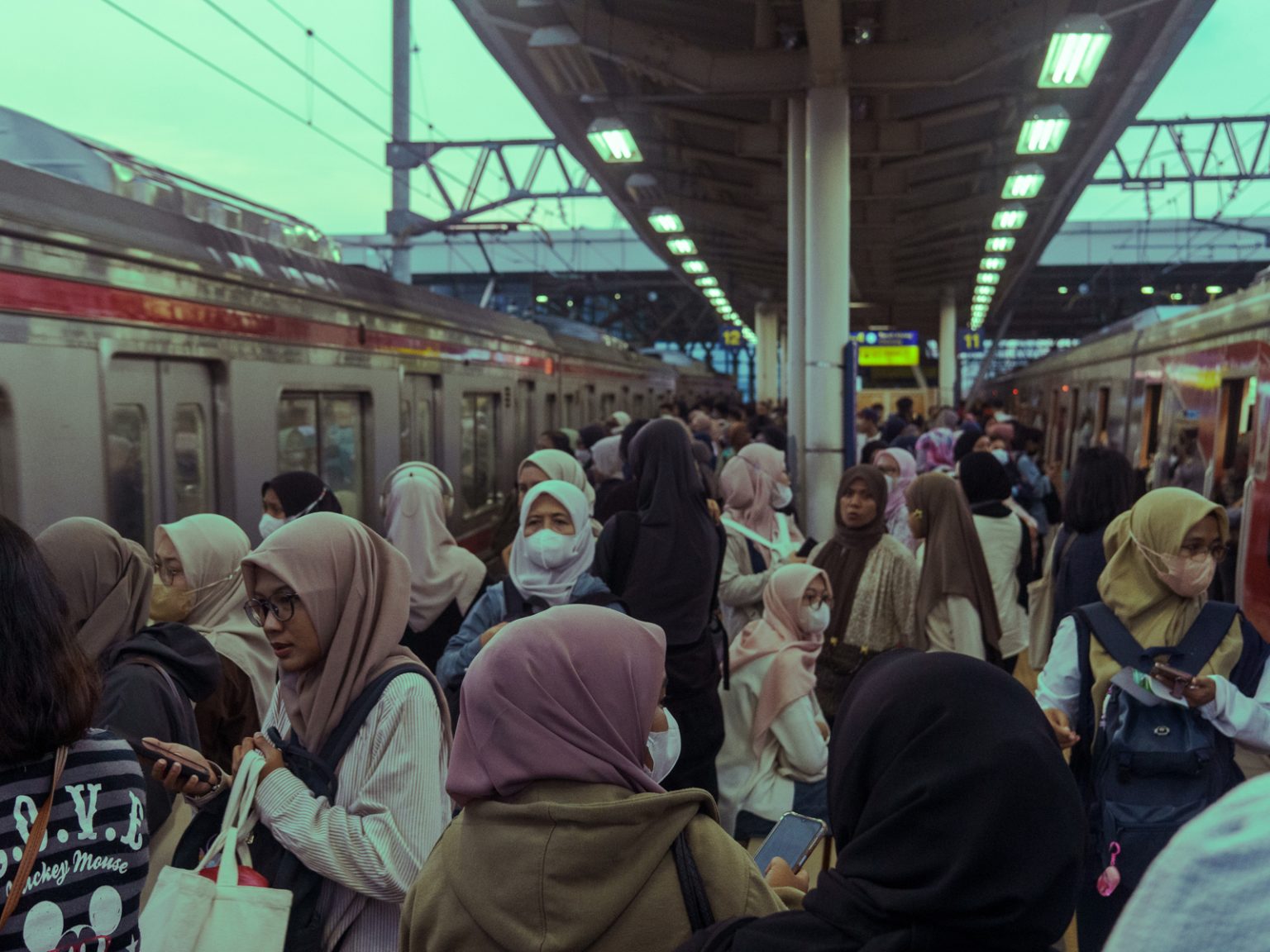 Manggarai commuter rail station during the evening rush hour, May 2026.
