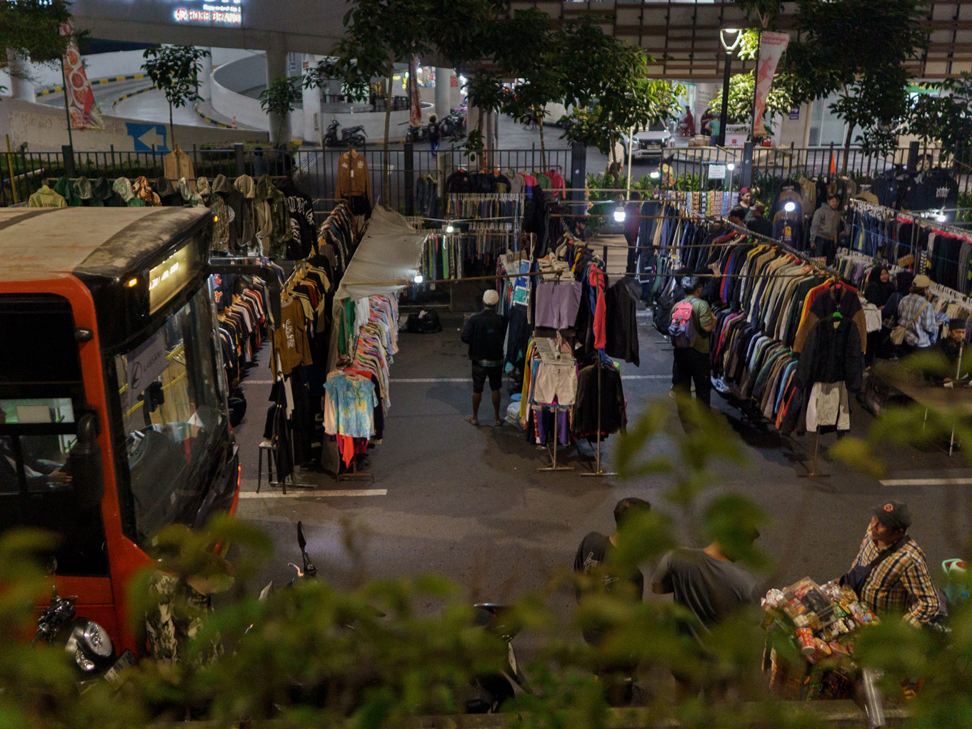 Secondhand clothing vendors in Jakarta's Senen area, May 2026.