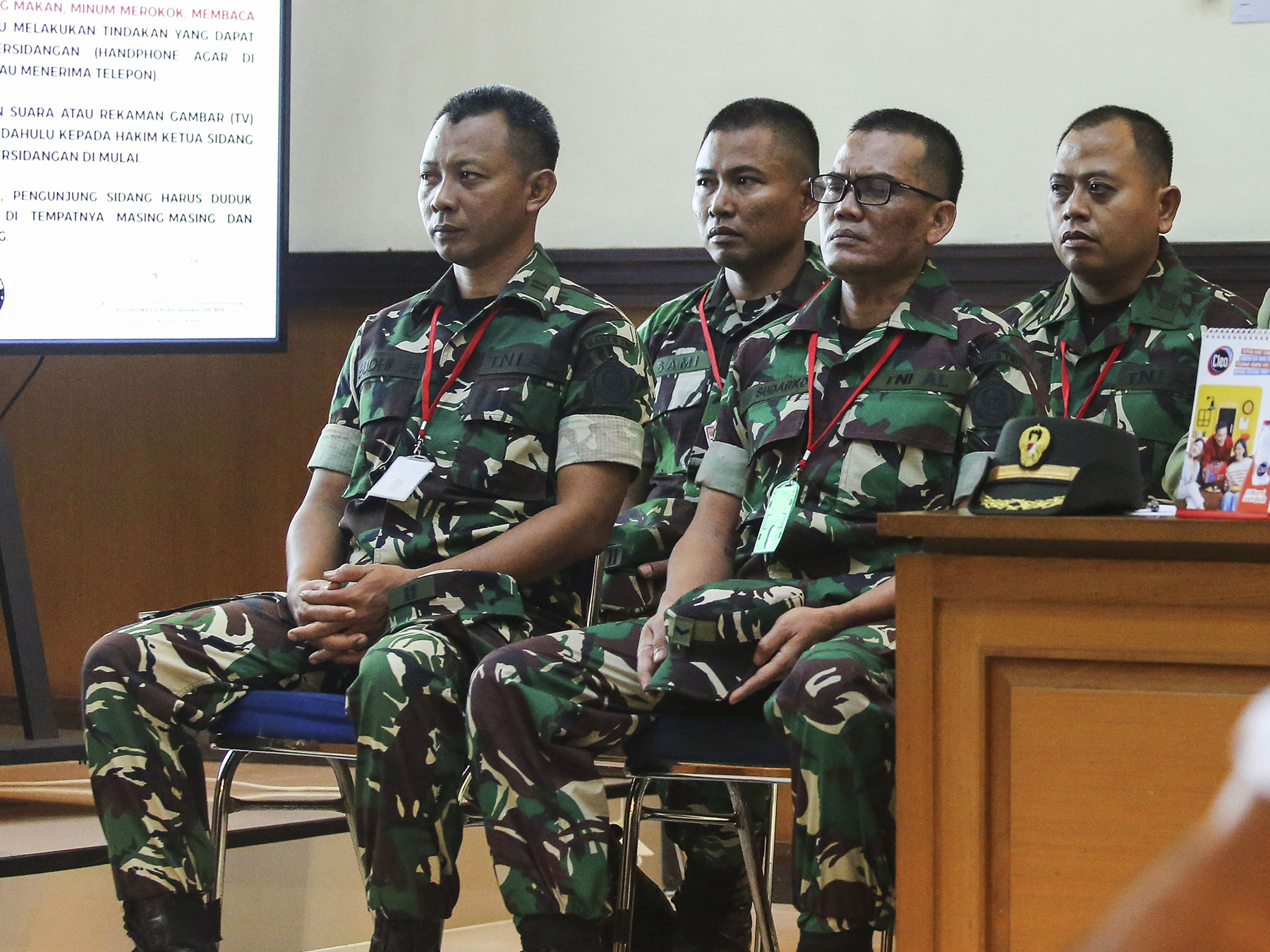 First Lieutenant Budhi Hariyanto Widhi Cahyono, First Lieutenant Sami Lakka, Second Sergeant Edi Sudarko, and Captain Nandala Dwi Prasetya stand trial at Jakarta Military Court II-08. The military identified the four men as the perpetrators of the acid attack on human rights activist Andrie Yunus.